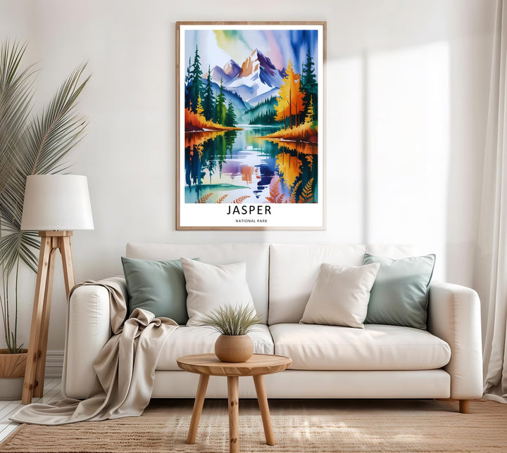 A colorful nature and painterly design of the world-famous mountain wilderness in Jasper National Park, available in a variety of presentation formats including unframed prints, canvas wall art, and bronze frames.