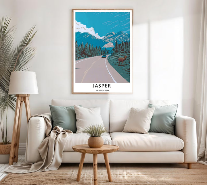 An elegant Canadian Rockies travel poster focusing on the famous scenic driving route through Jasper National Park, highlighting a vintage automobile, alpine evergreen trees, and a distant glacier field.