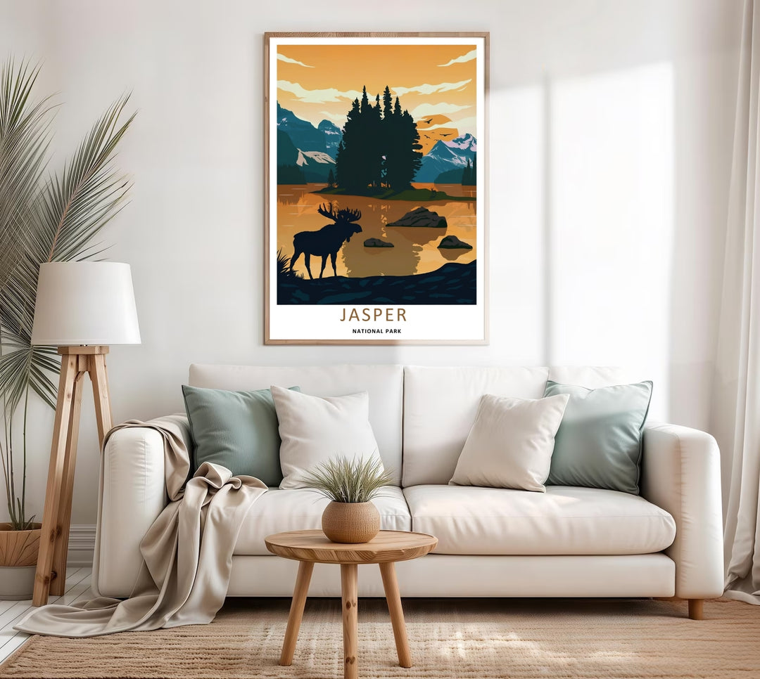 A colorful nature and geometric silhouette design of the world-famous wildlife preservation in Jasper National Park, available in a variety of presentation formats including unframed prints, canvas wall art, and bronze frames.