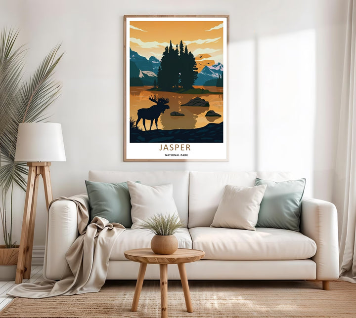 A colorful nature and geometric silhouette design of the world-famous wildlife preservation in Jasper National Park, available in a variety of presentation formats including unframed prints, canvas wall art, and bronze frames.