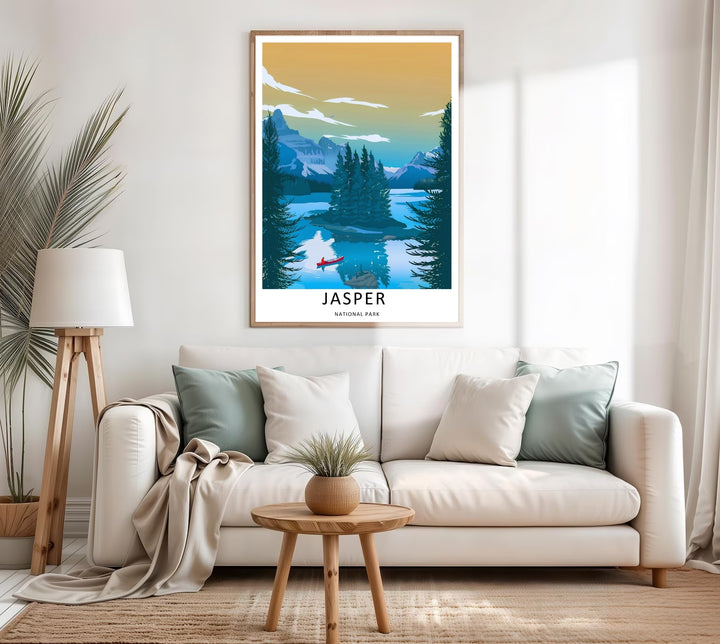 A colorful nature and geometric design of the world-famous Spirit Island retreat in Jasper National Park, available in a variety of presentation formats including unframed prints, canvas wall art, and bronze frames.