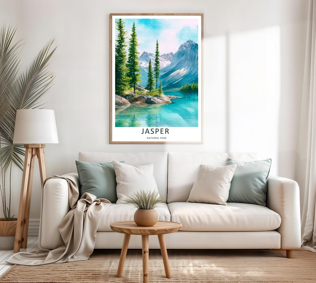 High-contrast watercolor artwork of the vibrant alpine scenery within Jasper National Park, custom made as a canvas, a standalone unframed print, or a retro white framed poster with a bold white border layout.