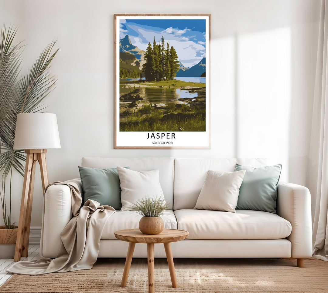 A detailed artistic Jasper National Park travel poster featuring a graphic blue and white cloud-filled sky over the Canadian Rockies, selectable as an elegant canvas, a minimalist unframed poster, or a grey framed display.