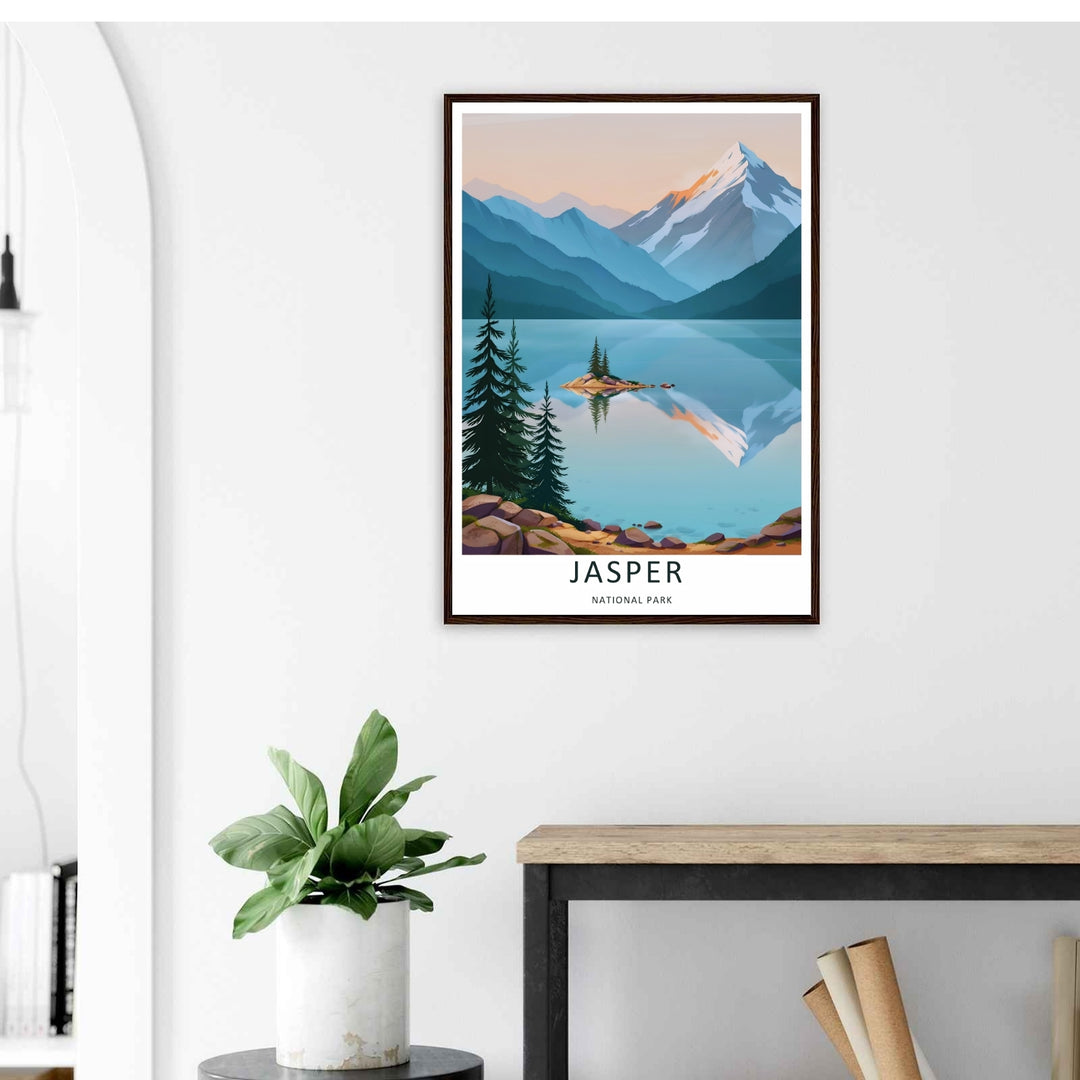 A stylized landscape print displaying a vintage style Jasper National Park lake viewpoint in Alberta, with options to purchase as an unframed print, a high-quality stretched canvas, or a luxury silver framed display.