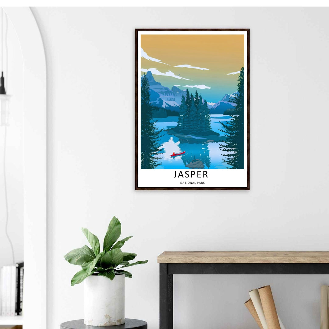 A stylized landscape print displaying a vintage style Jasper National Park lake viewpoint in Alberta, with options to purchase as an unframed print, a high-quality stretched canvas, or a luxury silver framed display.