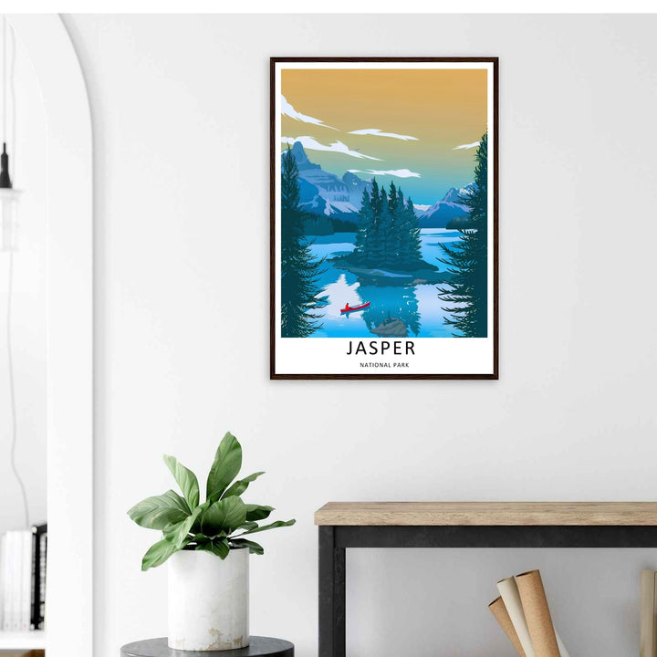 A stylized landscape print displaying a vintage style Jasper National Park lake viewpoint in Alberta, with options to purchase as an unframed print, a high-quality stretched canvas, or a luxury silver framed display.