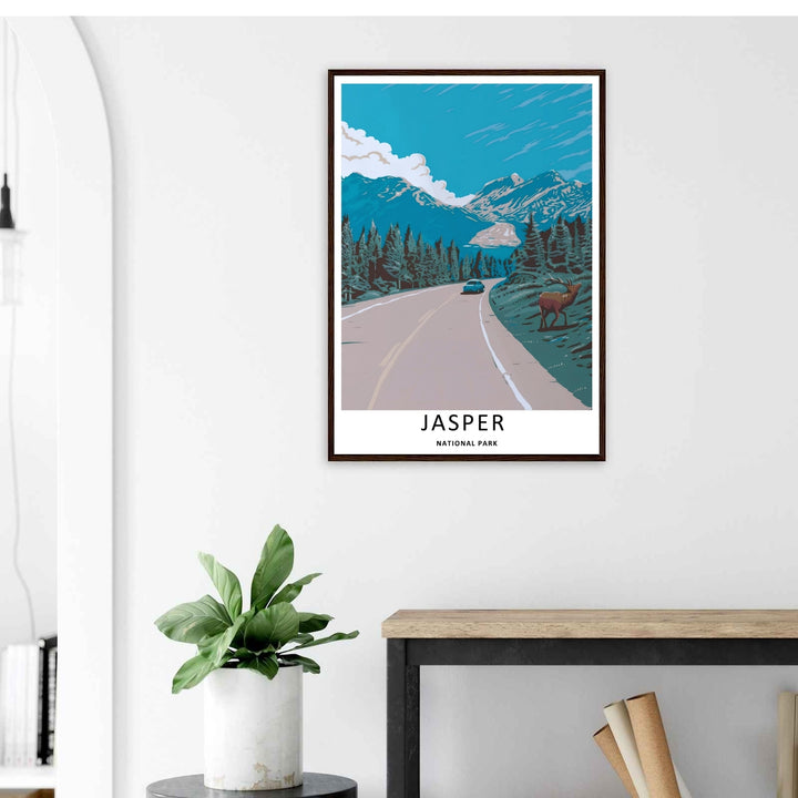 Beautiful mid-century graphic artwork of a majestic elk on the side of the Icefields Parkway road in Jasper National Park, perfect for a rustic cabin feature wall, a living room display, or office decor.