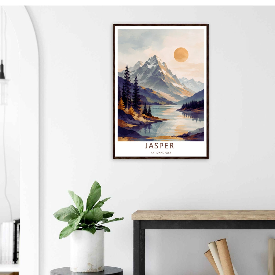 A stylized landscape print displaying a vintage watercolor style Jasper National Park lake viewpoint in Alberta, with options to purchase as an unframed print, a high-quality stretched canvas, or a luxury silver framed display.