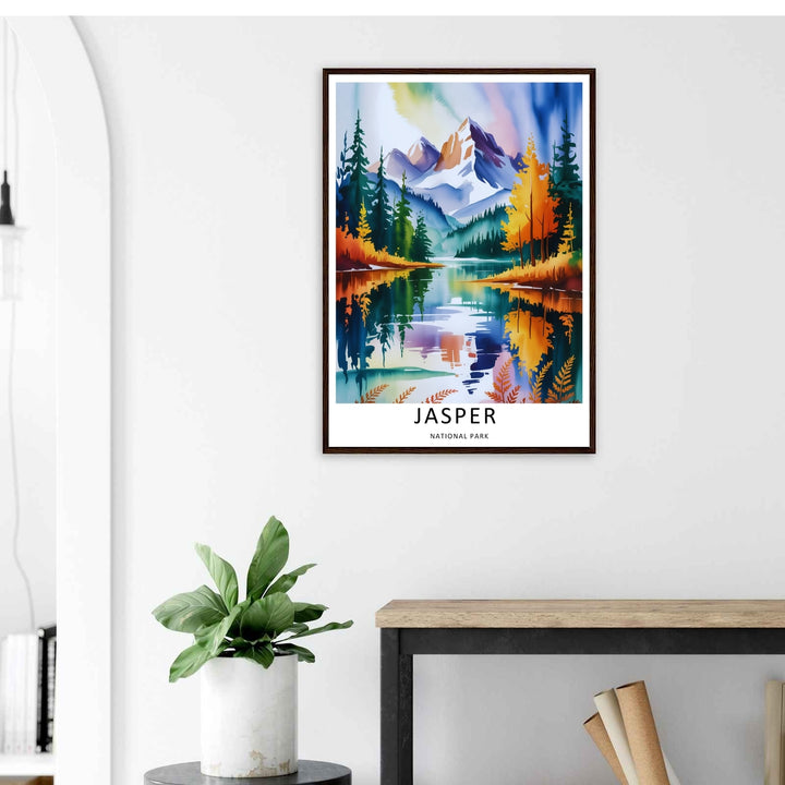 A stylized landscape print displaying a vintage watercolor style Jasper National Park lake viewpoint in Alberta, with options to purchase as an unframed print, a high-quality stretched canvas, or a luxury silver framed display.