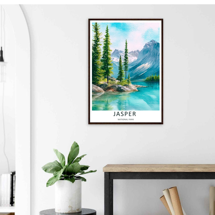 A colorful nature and painterly design of the world-famous mountain wilderness in Jasper National Park, available in a variety of presentation formats including unframed prints, canvas wall art, and bronze frames.