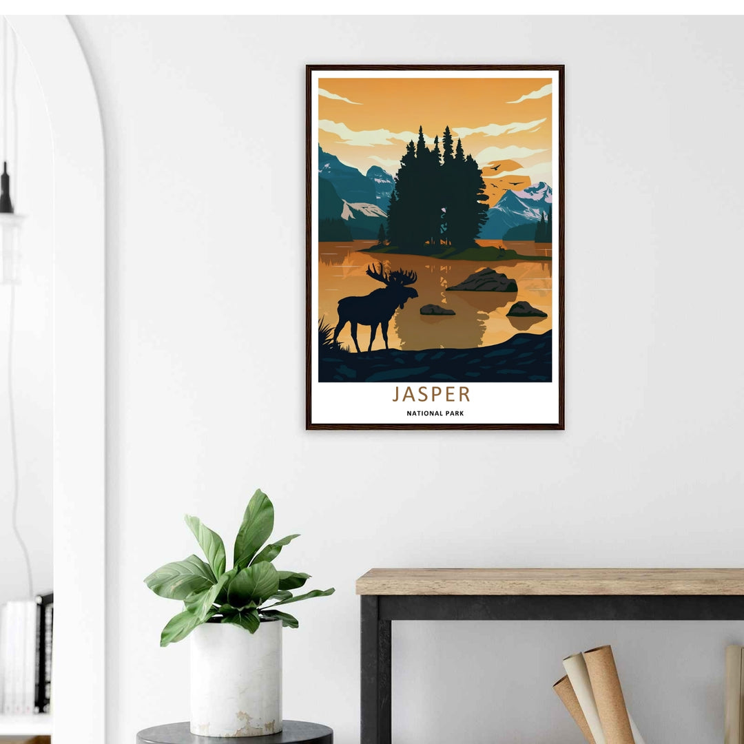 A stylized landscape print displaying a vintage graphic style Jasper National Park lake viewpoint in Alberta, with options to purchase as an unframed print, a high-quality stretched canvas, or a luxury silver framed display.