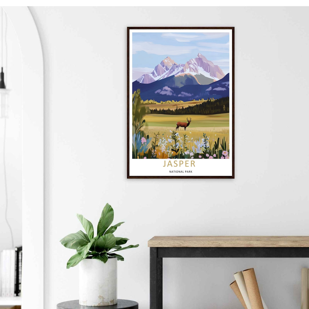 Minimalist Jasper National Park travel poster of the iconic wild elk meadow trail without text, customizable as a textured canvas piece, an unframed art print, or a premium wood framed wall accent.