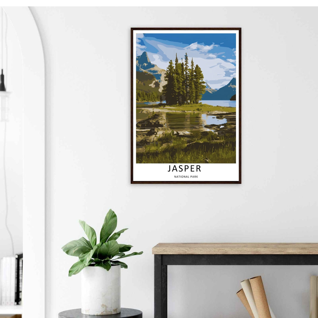 A detailed artistic Jasper National Park travel poster featuring a graphic blue and white cloud-filled sky over the Canadian Rockies, selectable as an elegant canvas, a minimalist unframed poster, or a grey framed display.