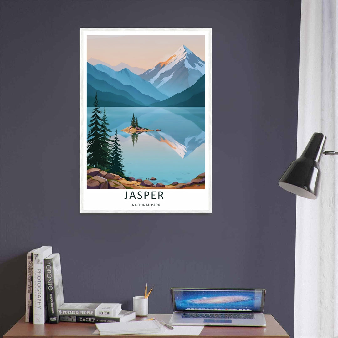 Bright and colorful wilderness decor depicting the serene glacial waters of Maligne Lake in Jasper National Park, purchasable as premium canvas wall art, an unframed poster print, or a custom white framed art piece.