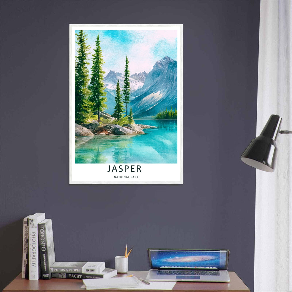 A beautiful watercolor landscape illustration showing the snow-dusted craggy mountains of Jasper National Park, offered as a wrapped canvas, an unframed poster, or within a custom gallery black framed display.