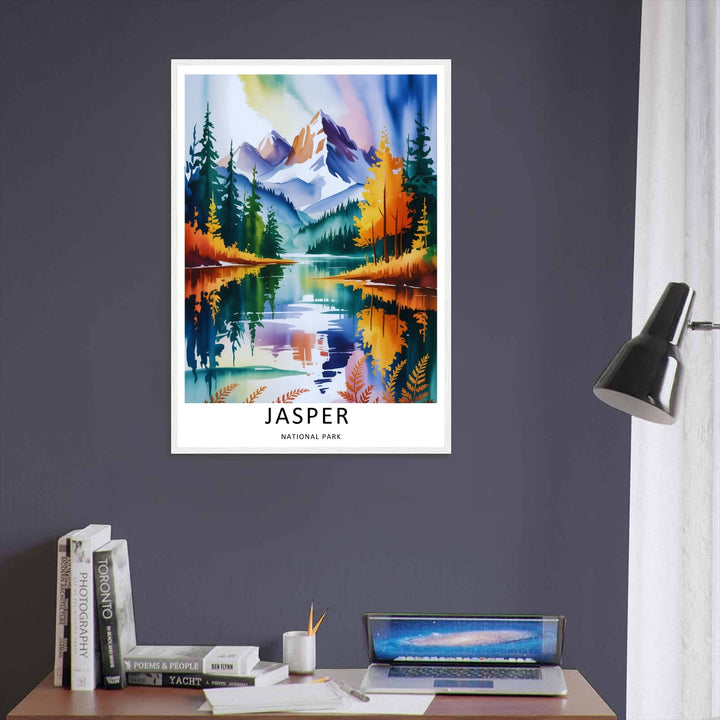 A beautiful abstract landscape illustration showing the vibrant indigo and magenta sky over Jasper National Park in Alberta, offered as a canvas print, an unframed poster, or within a gallery black framed display.