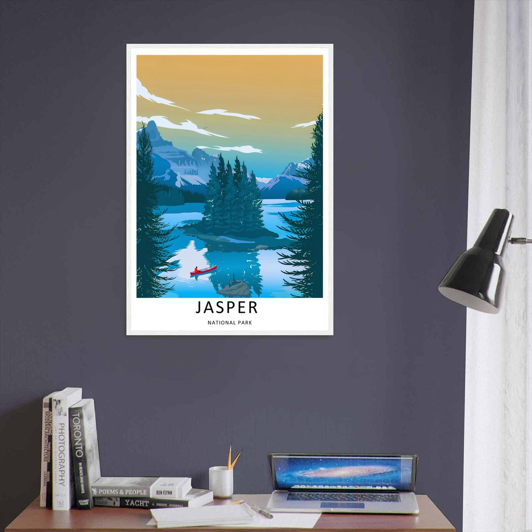 A stylized retro travel illustration showing a lonely red canoe on the turquoise waters of Jasper National Park in Alberta, offered as a wrapped canvas, an unframed poster, or within a gallery black framed display.