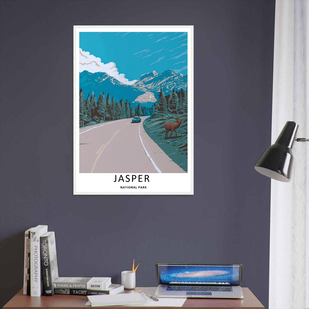 Vibrant mountain wall art of the snow-capped Canadian Rockies along the Icefields Parkway in Jasper National Park, available as a wrapped canvas, standalone unframed print, or a modern framed poster.
