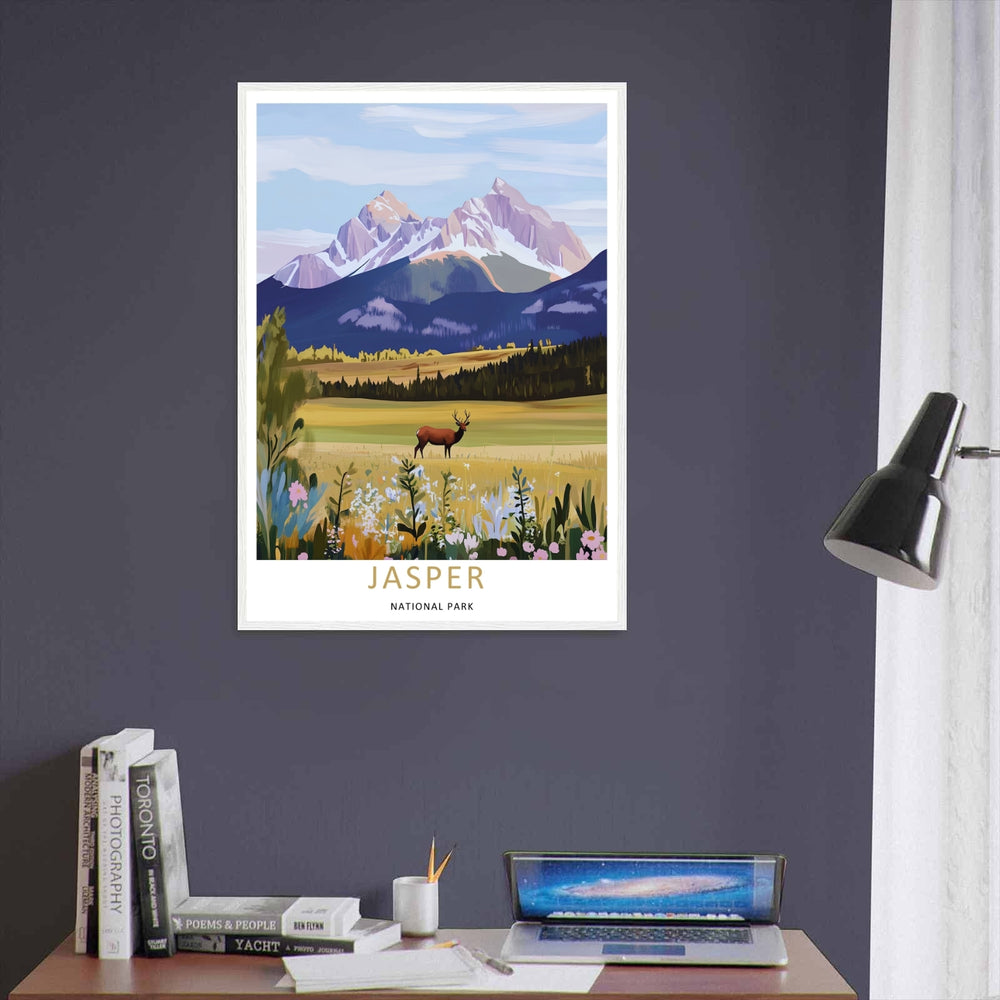 A unique block-shaded vector landscape illustration showing a wild elk grazing below the purple mountain valleys of Jasper National Park in Alberta, offered as a wrapped canvas, an unframed poster, or within a black frame.
