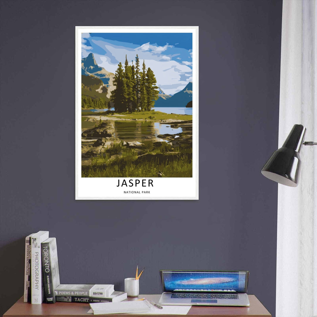 A clean Canadian rockies poster of the classic mid-century nature illustration in Jasper National Park from MapYourDreams, manufactured as a canvas print, an unframed poster, or a custom framed masterwork.