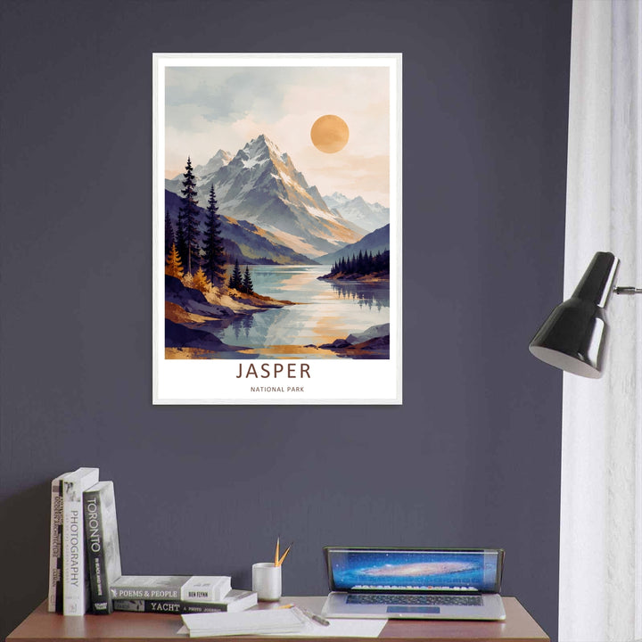 A unique watercolor and gouache landscape painting of the rugged Canadian Rockies in Jasper National Park, available as a wrapped canvas artwork, an unframed poster print, or within a premium black frame display.