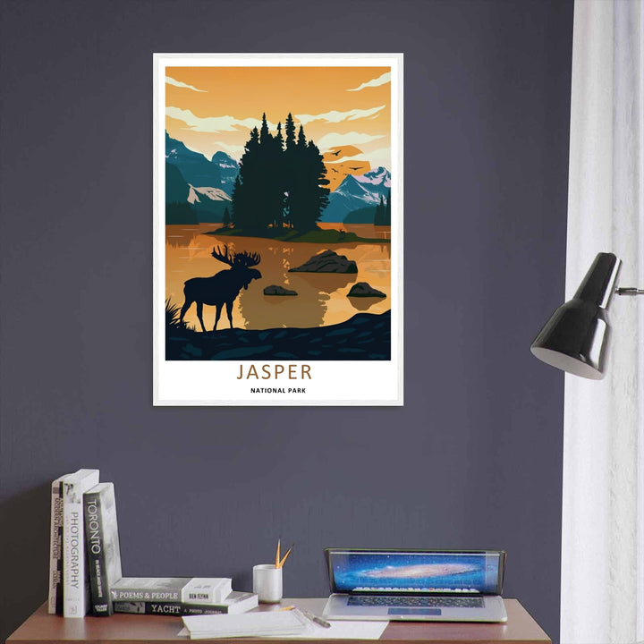 A unique graphic silhouette illustration showing a wild moose looking out toward Spirit Island on Maligne Lake in Jasper National Park, offered as a wrapped canvas, an unframed poster, or within a black frame.