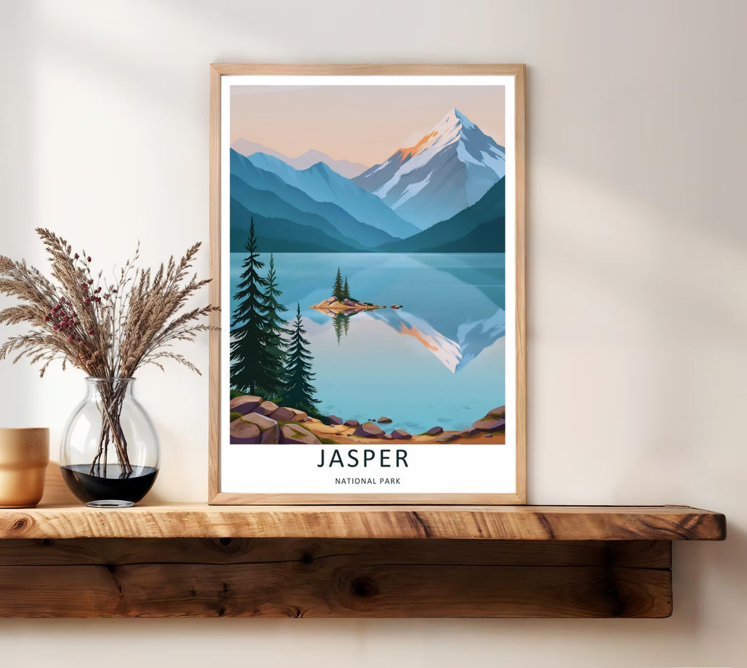 A bold vector graphic work capturing dark evergreen pine trees overlooking Spirit Island in Jasper National Park, ready to order as an unframed print, canvas, or a beautifully natural framed wall art piece.