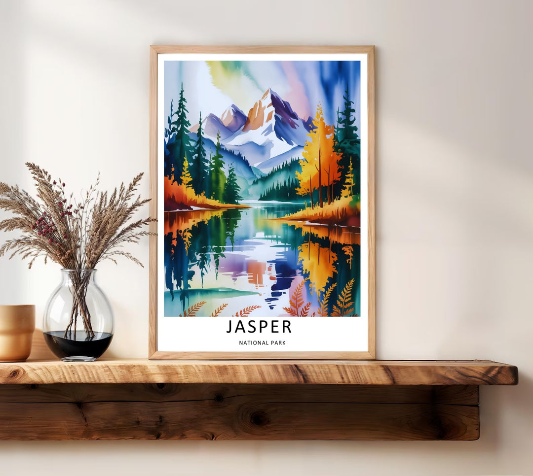 Bright and colorful wilderness decor depicting the surreal, fluid watercolor textures of Maligne Lake in Jasper National Park, purchasable as premium canvas wall art, an unframed poster, or a white framed art piece.