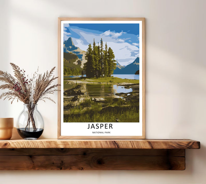 A colorful nature and geometric block design of the world-famous Spirit Island wilderness in Jasper National Park, available in a variety of presentation formats including unframed prints, canvas wall art, and bronze frames.