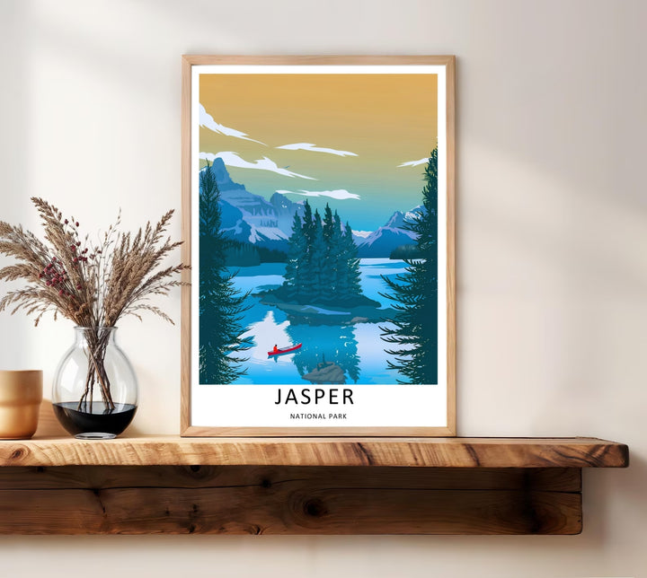A bold vector graphic work capturing towering evergreen pine trees framing a scenic mountain lake in Jasper National Park, ready to order as an unframed print, canvas, or a natural wood framed wall art piece.