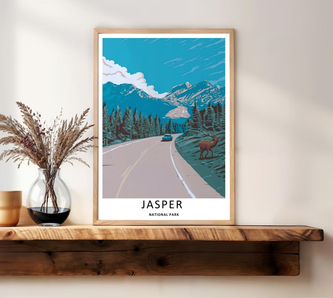 Minimalist graphic vector illustration of a historic mountain road trip through Jasper National Park, featuring crisp blue skies, large white clouds, and a bull elk watching from the green grassy shoulder.