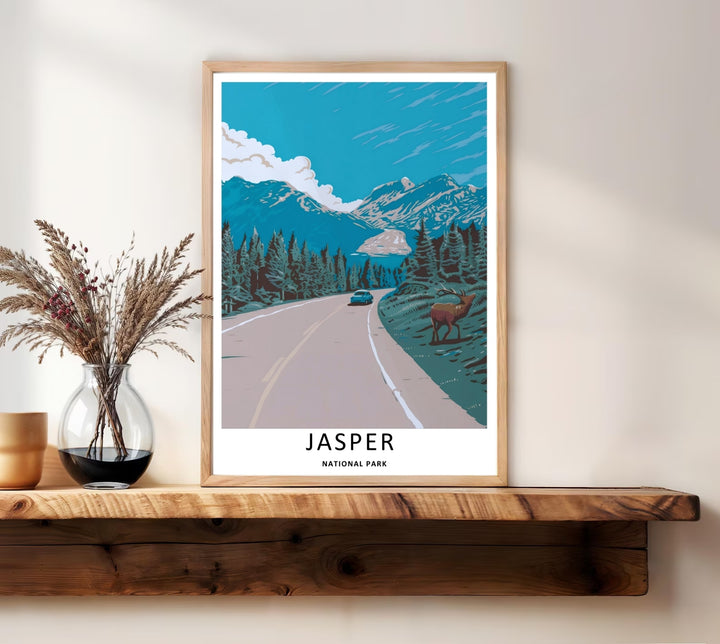 Minimalist graphic vector illustration of a historic mountain road trip through Jasper National Park, featuring crisp blue skies, large white clouds, and a bull elk watching from the green grassy shoulder.