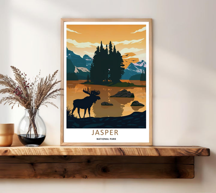 A detailed artistic Jasper National Park travel poster featuring a majestic mountain sunset setting over the rugged peaks of the Canadian Rockies, selectable as a canvas, an unframed poster, or a grey framed display.