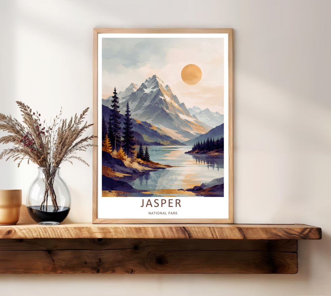 Soft and artistic wilderness decor featuring a large golden sun shining over a misty mountain lake in Jasper National Park, purchasable as a high-quality stretched canvas, an unframed poster, or a clean white frame.
