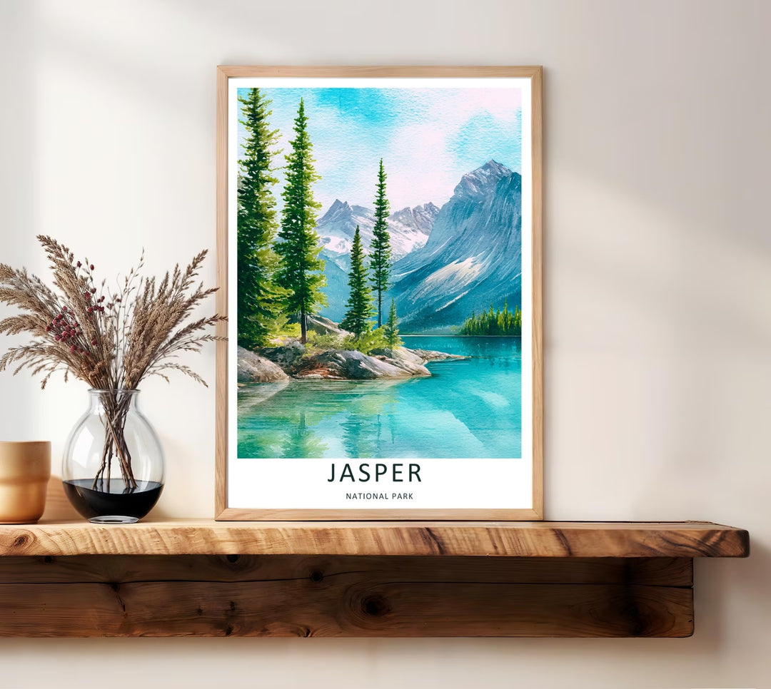 A bold illustrative painting capturing tall green pine trees overlooking a majestic blue lake in Jasper National Park, ready to order as an unframed print, canvas, or a beautifully natural wood framed wall art piece.