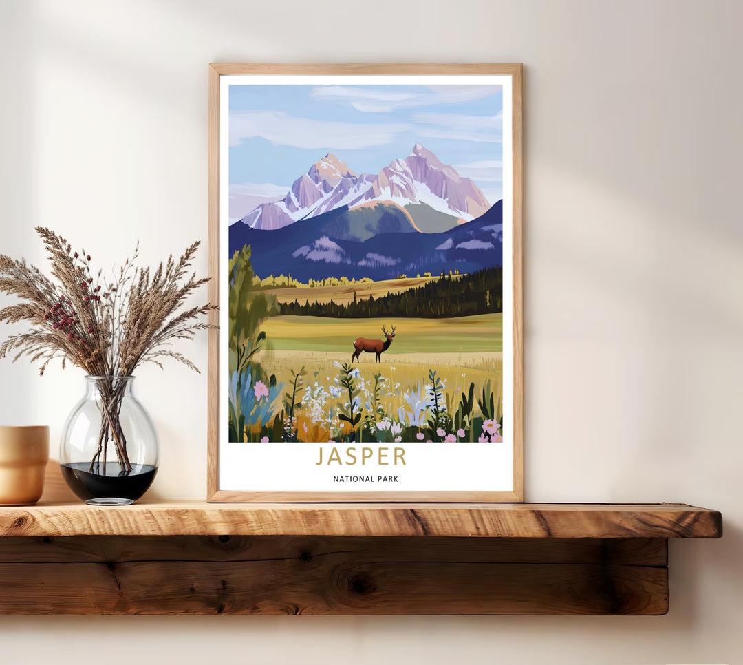 A beautiful lake and mountain theme poster capturing a wild bull elk standing peacefully in a meadow within Jasper National Park, available in flexible unframed, framed, or canvas layouts to match your home decor style.