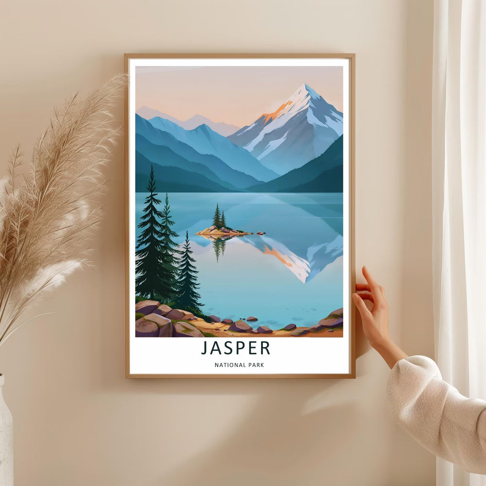 A stylized retro mountain landscape illustration showing the snow-capped mountain peaks of Jasper National Park in Alberta, offered as a canvas print, an unframed poster, or within a custom gallery black framed display.