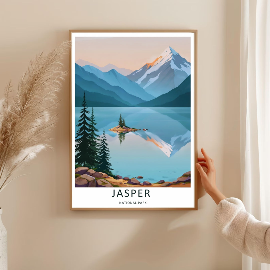 A stylized retro mountain landscape illustration showing the snow-capped mountain peaks of Jasper National Park in Alberta, offered as a canvas print, an unframed poster, or within a custom gallery black framed display.