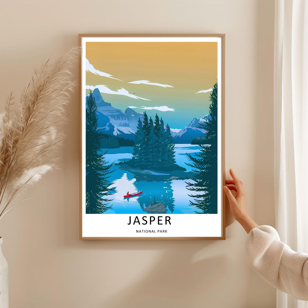 Bright and cheerful wilderness decor depicting the iconic silhouette of Spirit Island in Jasper National Park, purchasable as premium canvas wall art, an unframed poster print, or a custom white framed art piece.