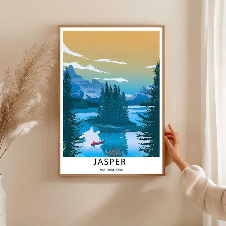 Bright and cheerful wilderness decor depicting the iconic silhouette of Spirit Island in Jasper National Park, purchasable as premium canvas wall art, an unframed poster print, or a custom white framed art piece.