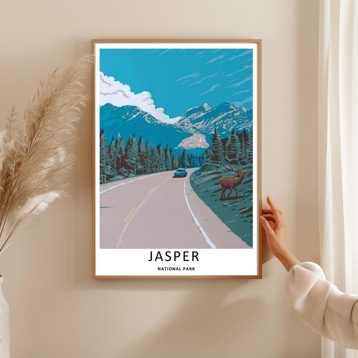Detailed retro wilderness decor highlighting a wild elk and a vintage vehicle traveling through the mountain passes of Jasper National Park, offered in canvas, a clean poster print, or a black frame.