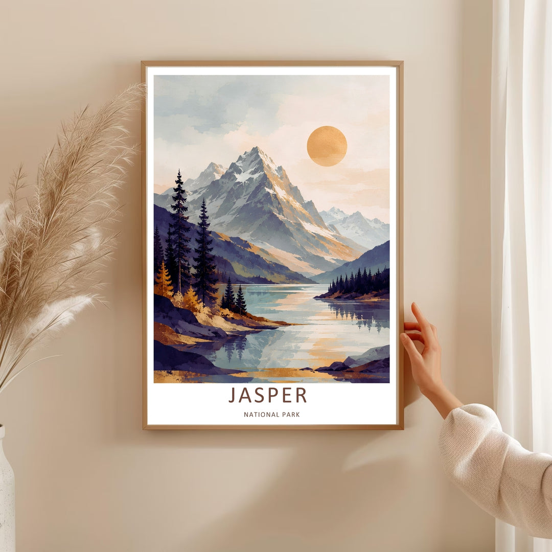 A bold watercolor graphic print capturing towering evergreen pine trees and deep purple shorelines in Jasper National Park, ready to order as an unframed print, wrapped canvas, or a natural wood framed art piece.
