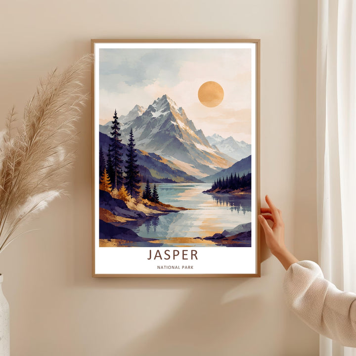 A bold watercolor graphic print capturing towering evergreen pine trees and deep purple shorelines in Jasper National Park, ready to order as an unframed print, wrapped canvas, or a natural wood framed art piece.