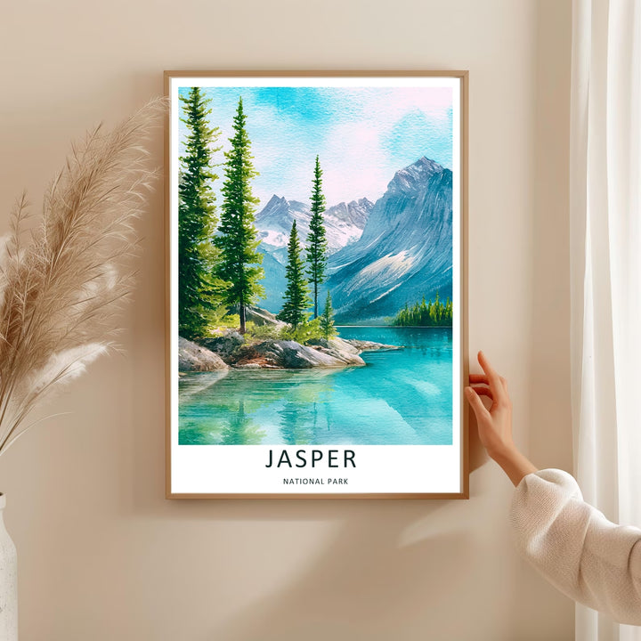 Bright and colorful wilderness decor depicting the serene turquoise waters of a glacial lake in Jasper National Park, purchasable as premium canvas wall art, an unframed poster print, or a custom white framed art piece.