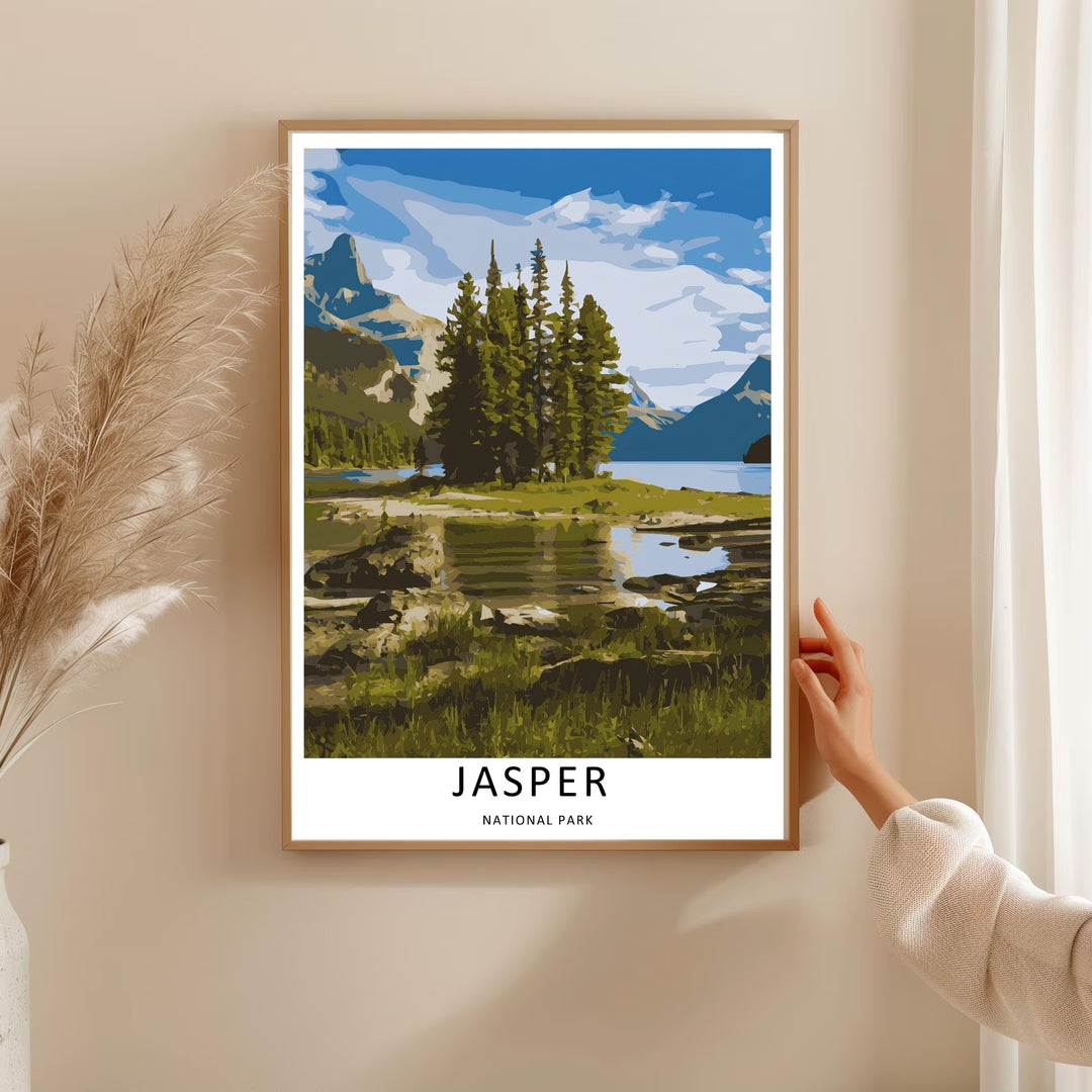 Minimalist Jasper National Park travel poster of the iconic mountain lake trail without text, customizable as a textured canvas piece, an unframed art print, or a premium wood framed wall accent.