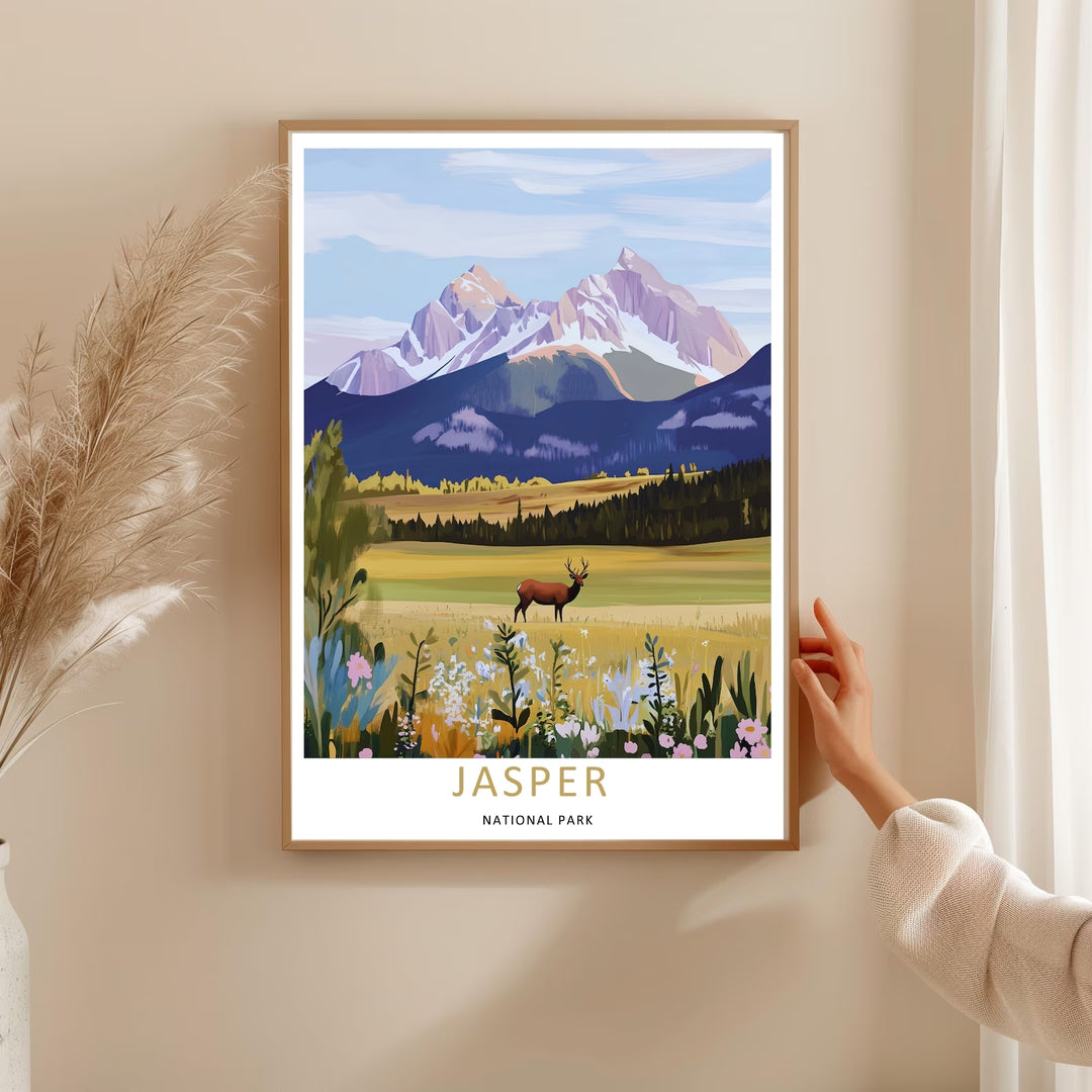 Bright and earthy wilderness decor depicting a wild elk surrounded by pink wildflowers in Jasper National Park, purchasable as premium canvas wall art, an unframed poster print, or a custom white framed art piece.