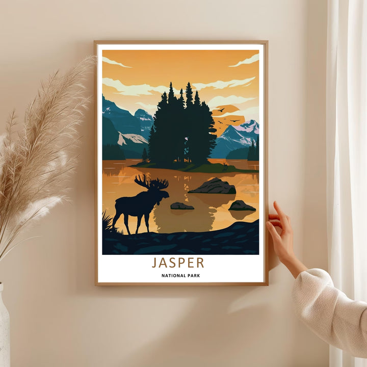 Bright and warm wilderness decor depicting a golden sunset over the calm waters of Jasper National Park in Alberta, purchasable as premium canvas wall art, an unframed poster print, or a white framed art piece.