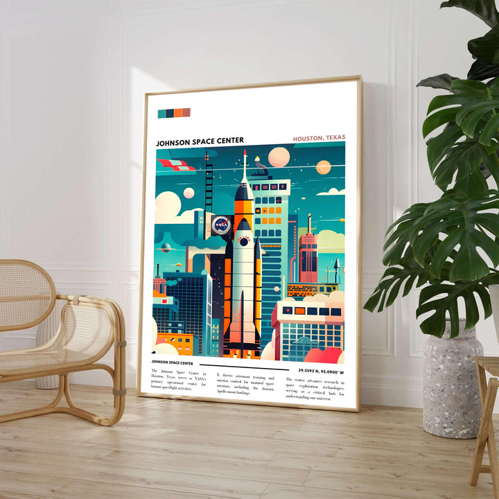 A retro-futuristic mid-century NASA Poster by MapYourDreams showcasing the Houston Johnson Space Center launch pad, rocket ship, and orbital moons, available in flexible print formats including heavyweight unframed fine art paper, stretched gallery canvas, and handcrafted solid wood picture frames.