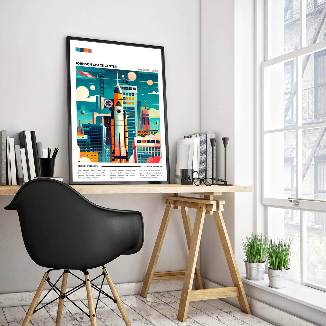 This mid-century space exploration artwork highlights a rocket ship standing beside NASA research laboratories under a turquoise sky, serving as a standout Space Center Print. Order this piece as an unframed paper print, stretched canvas wrap, or custom-built frame for home gallery walls.