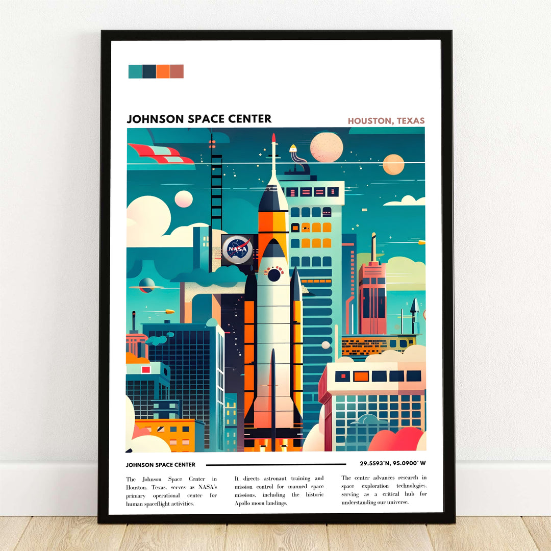 This detailed Johnson Space Center Print illustrates NASA mission control facilities in Texas alongside a towering rocket ship and radar antennas under a teal sky, offered as an unframed fine art print, ready-to-hang gallery wrapped canvas, or custom frame to elevate your office wall decor.